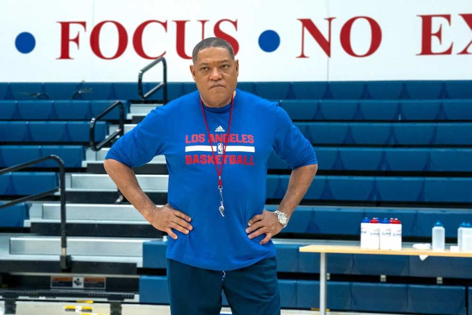 'Clipped' stars Laurence Fishburne as Doc Rivers, shown here with his hands on his hips at a Clippers practice