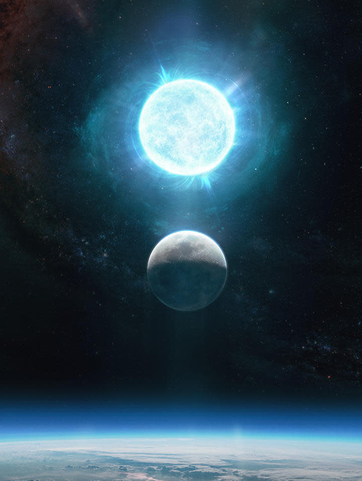The white dwarf ZTF J1901+1458 is about 2,670 miles across, while the moon is 2,174 miles across. The white dwarf is depicted above the Moon in this artistic representation; in reality, the white dwarf lies 130 light-years away in the constellation of Aquila.  / Credit: Giuseppe Parisi