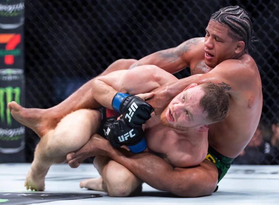 Gilbert Burns of Brazil fights against Jack Della Maddalena of Australia during their welterweight title match during the UFC 299 event at the Kaseya Center on Saturday, March 9, 2024, in downtown Miami, Fla. MATIAS J. OCNER/mocner@miamiherald.com