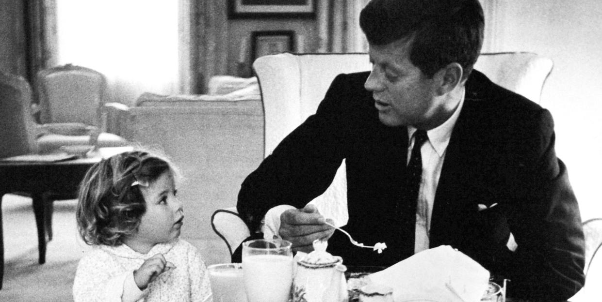 us president john f kennedy and daughter caroline at breakfast