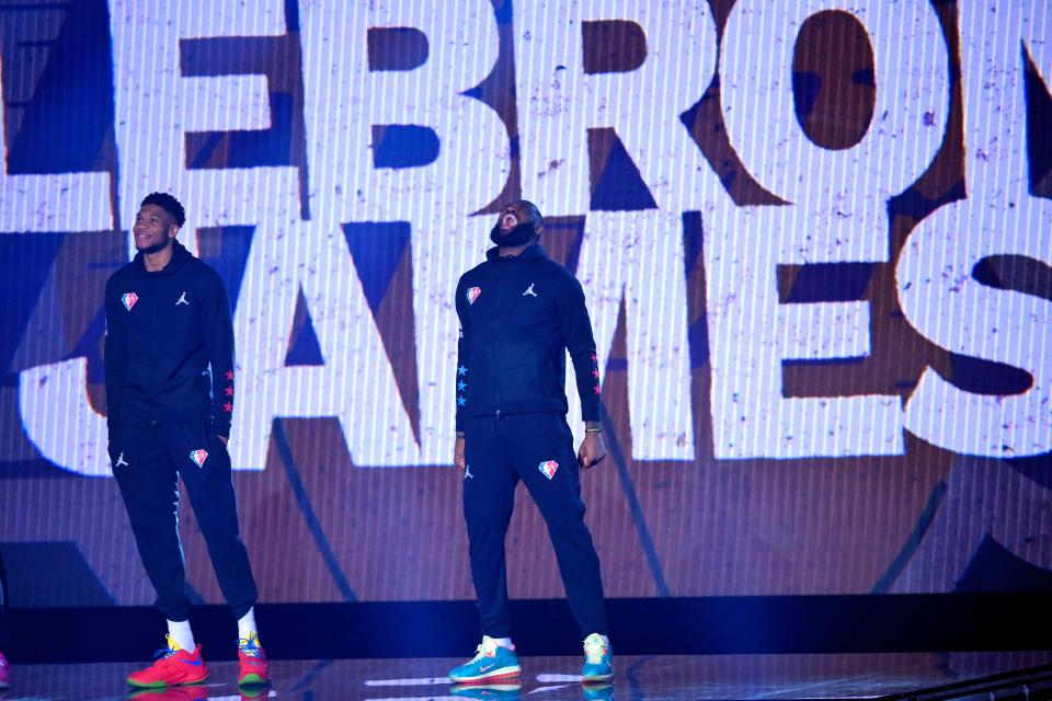 LeBron James is introduced before the 2022 NBA All-Star, Feb. 20, 2022, in Cleveland.