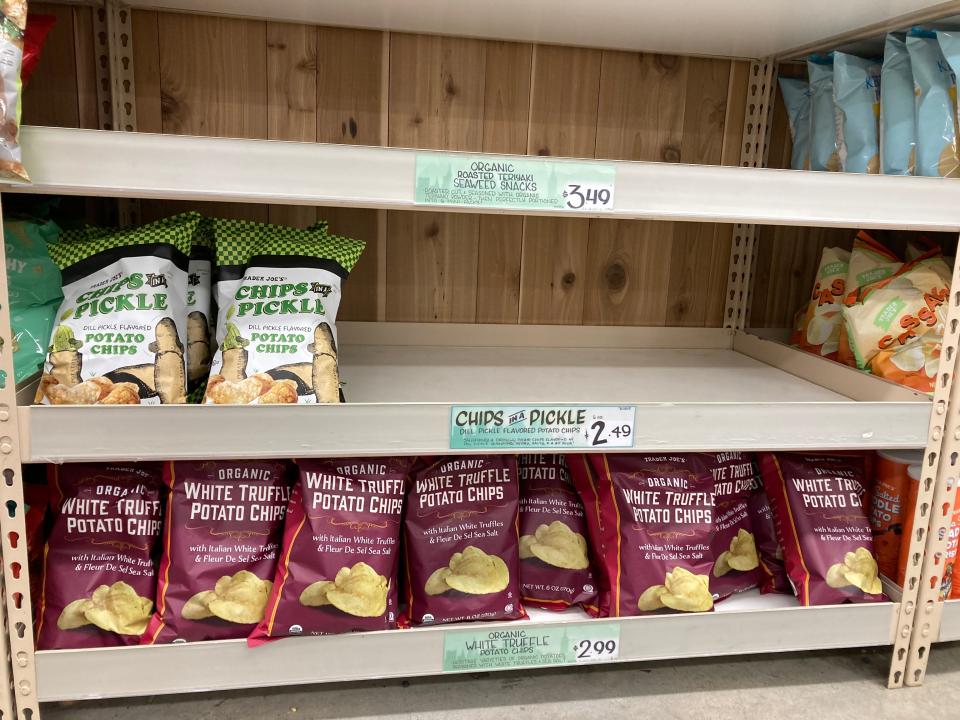 Pickle-flavored potato chips for sale at Trader Joe's.