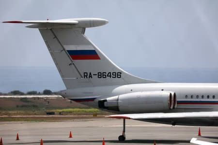 An airplane with the Russian flag is seen at Simon Bolivar International Airport in Caracas