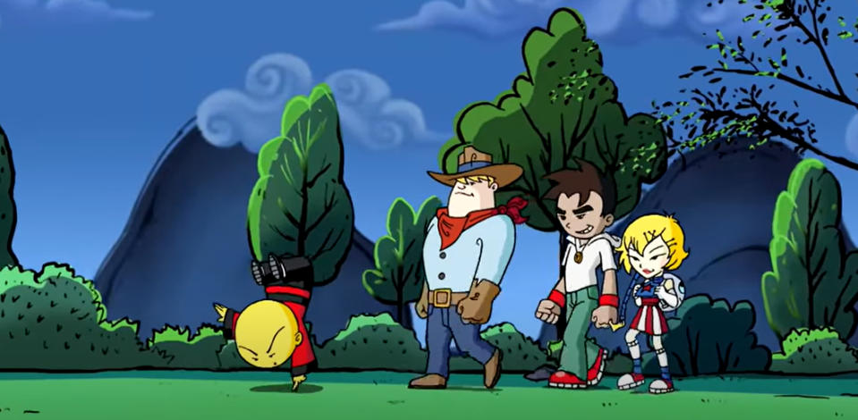 Omi, Clay, Raimundo, and Kimiko from "Xiaolin Showdown" walking together in a forest setting