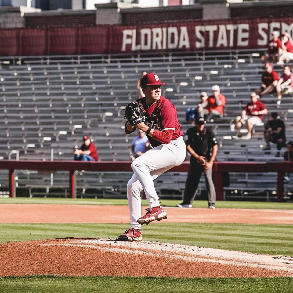 Florida State baseball pitcher Conner Whittaker fires a pitch against FGCU at Dick Howser Stadium on March 6, 2024.