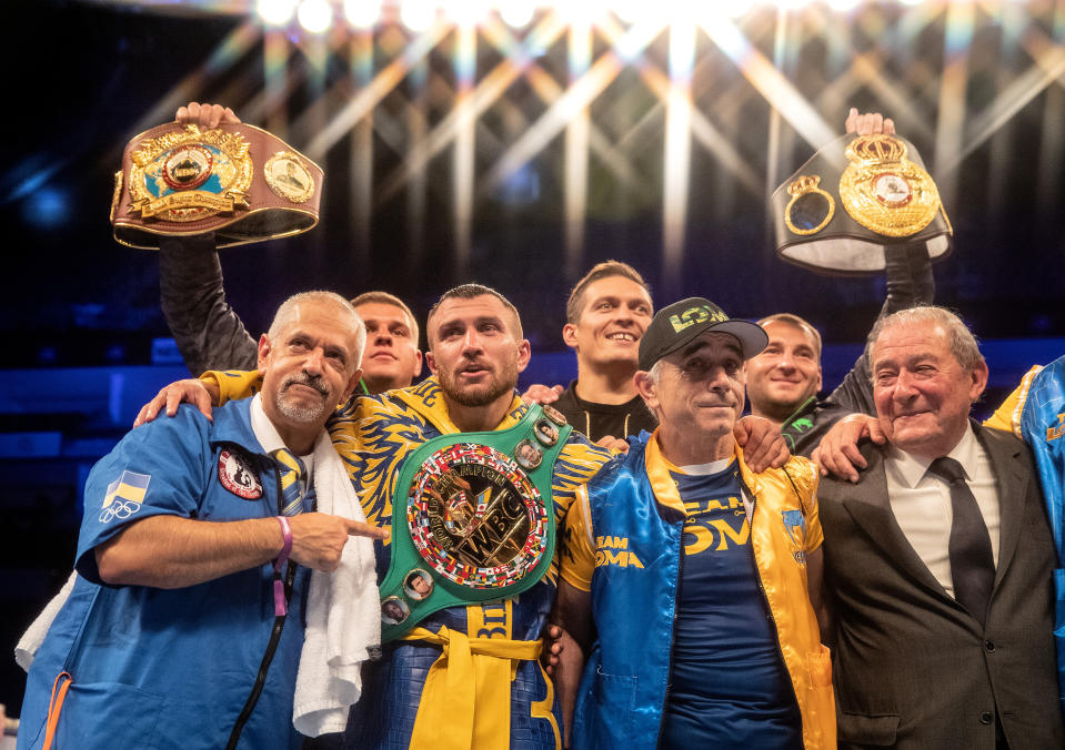 LONDON, ENGLAND - AUGUST 31: Vasily Lomachenko celebrates victory during the WBA, WBO, WBC Lightweight World Title contest between Vasily Lomachenko and Luke Campbell at The O2 Arena on August 31, 2019 in London, England. (Photo by Richard Heathcote/Getty Images)