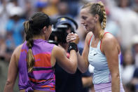 Jessica Pegula, of the United States, left, is congratulated by Petra Kvitova, of the Czech Republic, after her victory during the fourth round of the U.S. Open tennis championships, Monday, Sept. 5, 2022, in New York. (AP Photo/Julia Nikhinson)