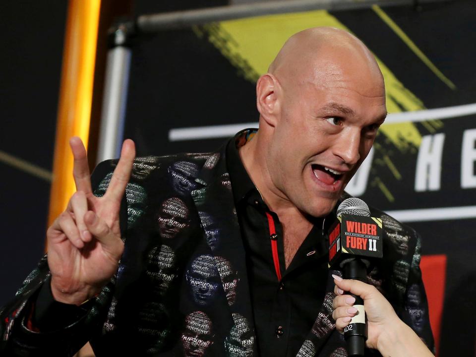 Tyson Fury, of England, who is scheduled to fight Deontay Wilder on Saturday for the WBC heavyweight boxing title, arrives at the MGM Grand on Tuesday, Feb. 18, 2020, in Las Vegas. (AP Photo/Isaac Brekken)