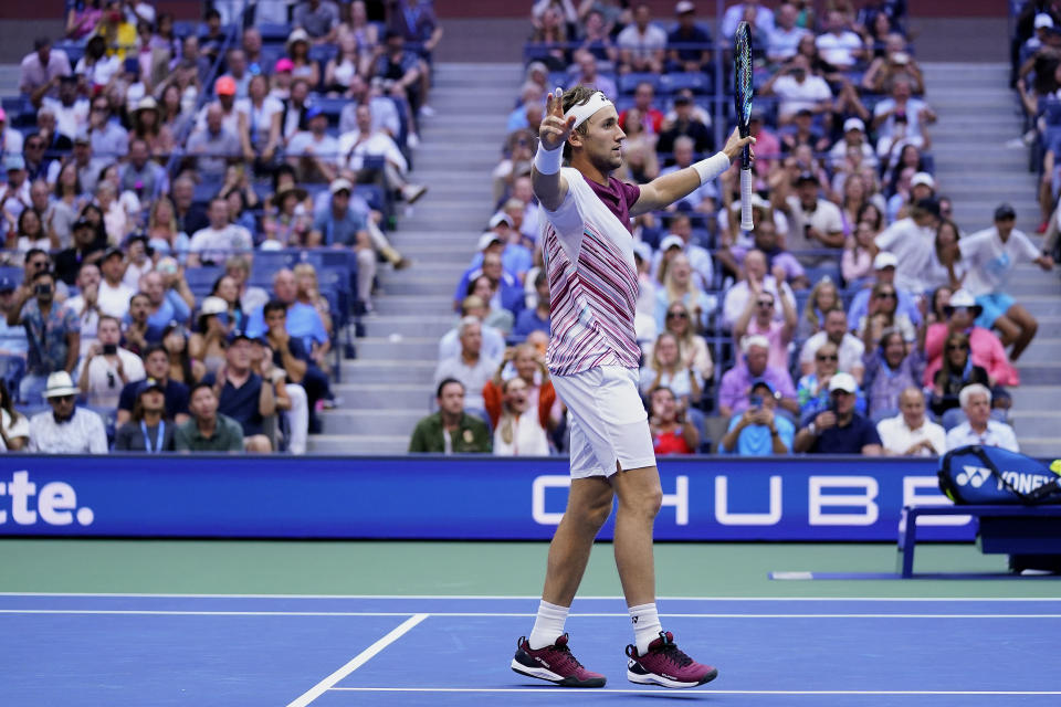 Casper Ruud, of Norway, reacts after defeating Karen Khachanov, of Russia, during the semifinals of the U.S. Open tennis championships, Friday, Sept. 9, 2022, in New York. (AP Photo/Matt Rourke)