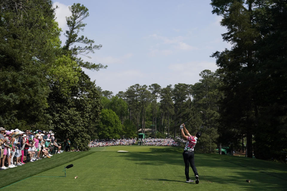 Viktor Hovland, of Norway, watches his tee shot on the sixth hole during the first round of the Masters golf tournament at Augusta National Golf Club on Thursday, April 6, 2023, in Augusta, Ga. (AP Photo/Jae C. Hong)