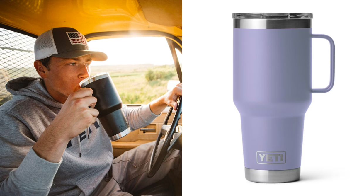 The Yeti Rambler 887 mL Travel Mug With Stronghold Lid comes in a new lilac shade for fall. Images via Yeti.