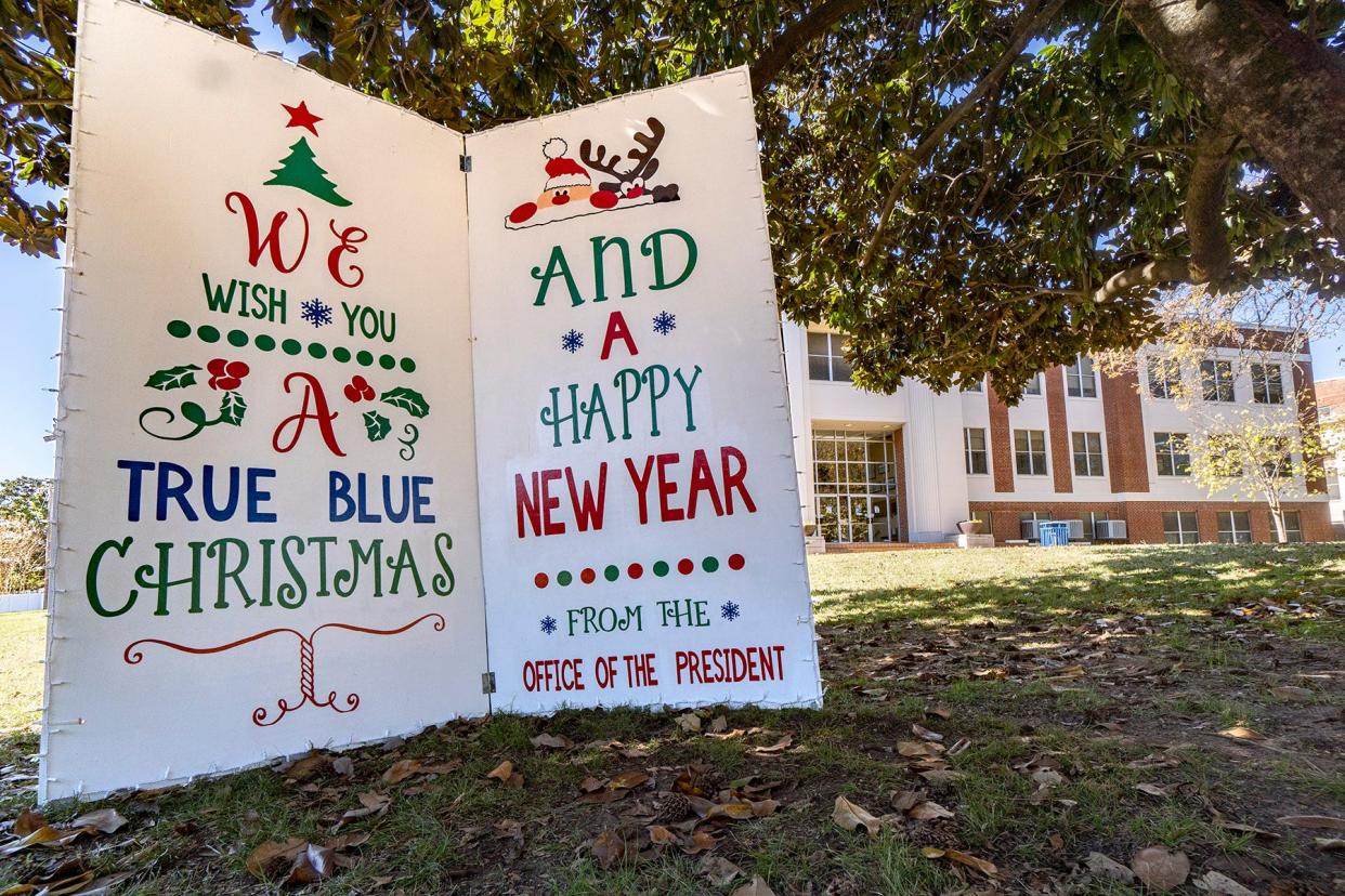 Greetings from the President’s Office was displayed on the front lawn of the Administration Building during the 2020 loop of lights.