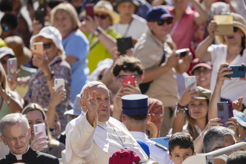 Pope Francis arrives for his weekly general audience in the St. Peter's Square at the Vatican, Wednesday, June 26, 2024. (AP Photo/Andrew Medichini)