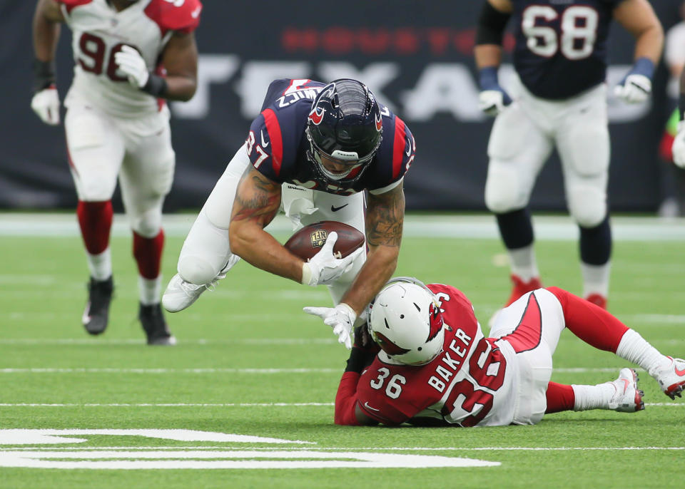 <p>Houston Texans tight end C.J. Fiedorowicz (87) completes a catch during the football game between the Arizona Cardinals and Houston Texans on November 19, 2017 at NRG Stadium in Houston, Texas. (Photo by Leslie Plaza Johnson/Icon Sportswire via Getty Images) </p>