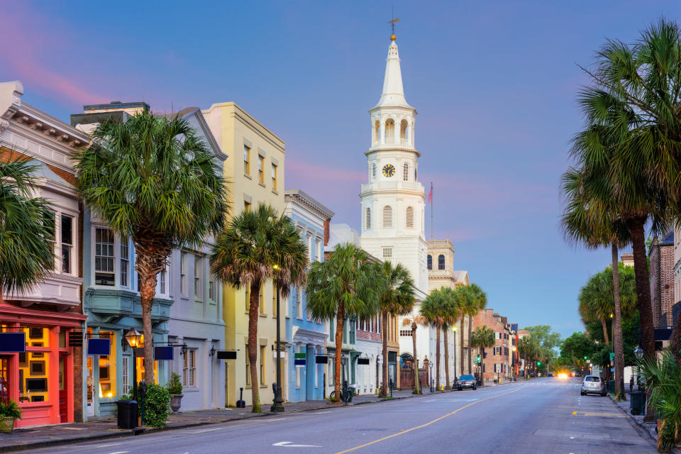 Colorful buildings lining the street in Charleston, South Carolina