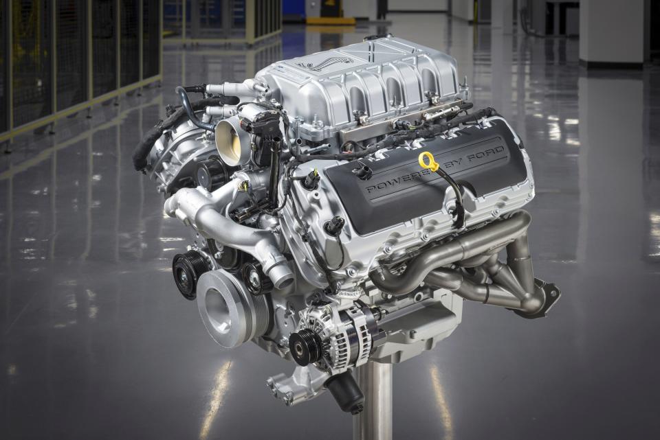 This undated image provided by Ford Motor Company shows a 5.2-liter supercharged V8 engine that will be part of the most powerful street-legal Ford Mustang ever built. The Mustang will go on sale this fall. (Ford Motor Company via AP)