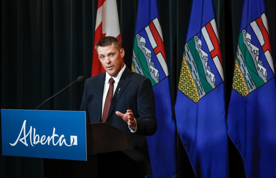 Alberta Finance Minister Nate Horner speaks to the media at a news conference in Calgary, Thursday, June 29, 2023. A spokesperson for Horner says the proposal to have a future Alberta pension plan mirror the controversial Quebec investment model remains on the table for consideration — four days after Horner announced it was off the table.