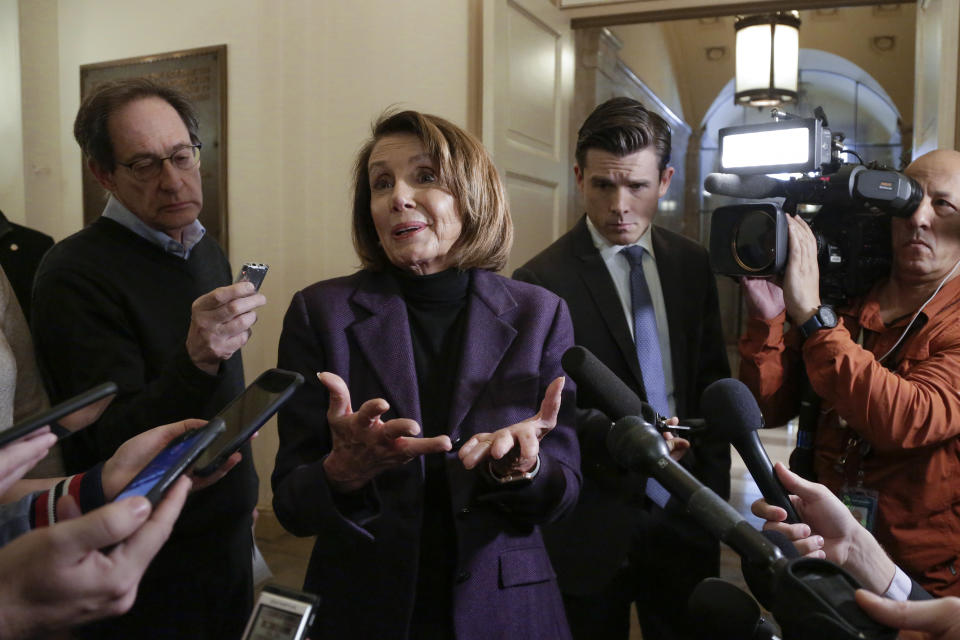 In this Jan, 18, 2019, photo, Speaker of the House Nancy Pelosi, D-Calif., takes questions from reporters on Capitol Hill in Washington. (AP Photo/J. Scott Applewhite)