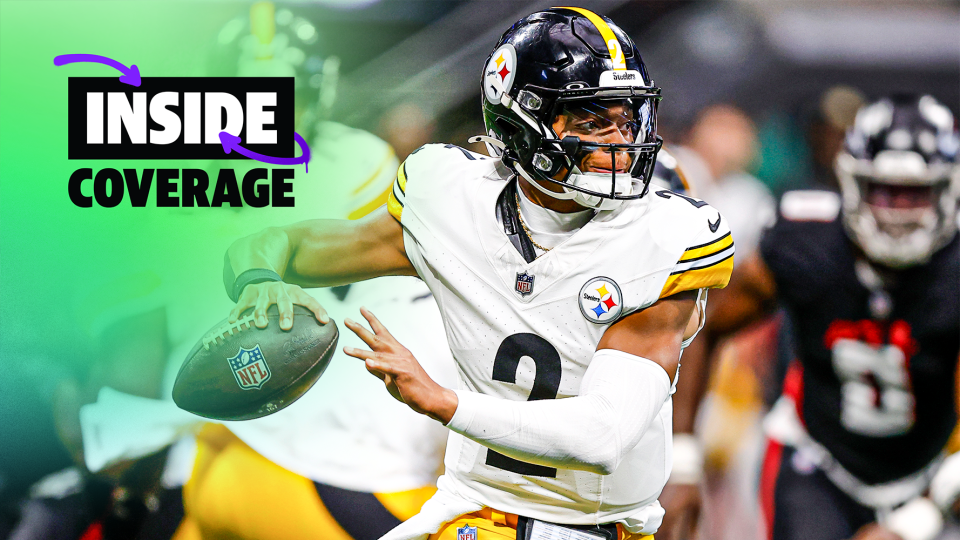 ATLANTA, GA - SEPTEMBER 08: Justin Fields #2 van de Pittsburgh Steelers probeert een pass tijdens het eerste kwartaal tegen de Atlanta Falcons in het Mercedes-Benz Stadion op 8 september 2024 in Atlanta, Georgia. (Foto door Todd Kirkland/Getty Images)