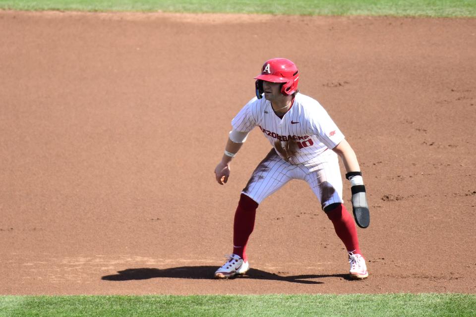 Arkansas baseball's Peyton Stovall takes a lead off second base in the Razorbacks' 6-0 win over Missouri Saturday, March 16, 2024.