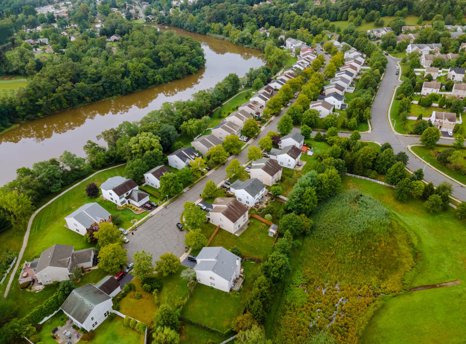 Scenic seasonal landscape from above aerial view of a small town in countryside Cleveland Ohio USA