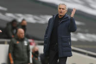 Tottenham's manager Jose Mourinho reacts during the English Premier League soccer match between Tottenham Hotspur and Manchester United at the Tottenham Hotspur Stadium in London, Sunday, April 11, 2021. (Matthew Childs/Pool via AP)