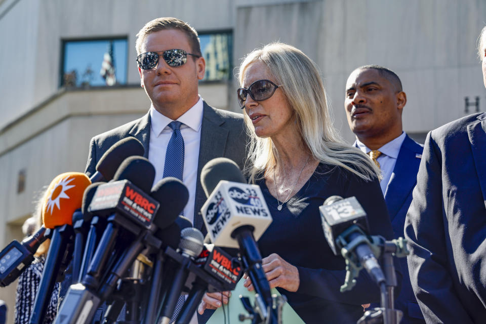 Beth Holloway speaks to media after the appearance of Joran van der Sloot outside the Hugo L. Black Federal Courthouse Wednesday, Oct. 18, 2023, in Birmingham, Ala. Van der Sloot, the chief suspect in Natalee Holloway’s 2005 disappearance in Aruba admitted he killed her and disposed of her remains, and has agreed to plead guilty to charges he tried to extort money from the teen's mother years later, a U.S. judge said Wednesday. (AP Photo/ Butch Dill )