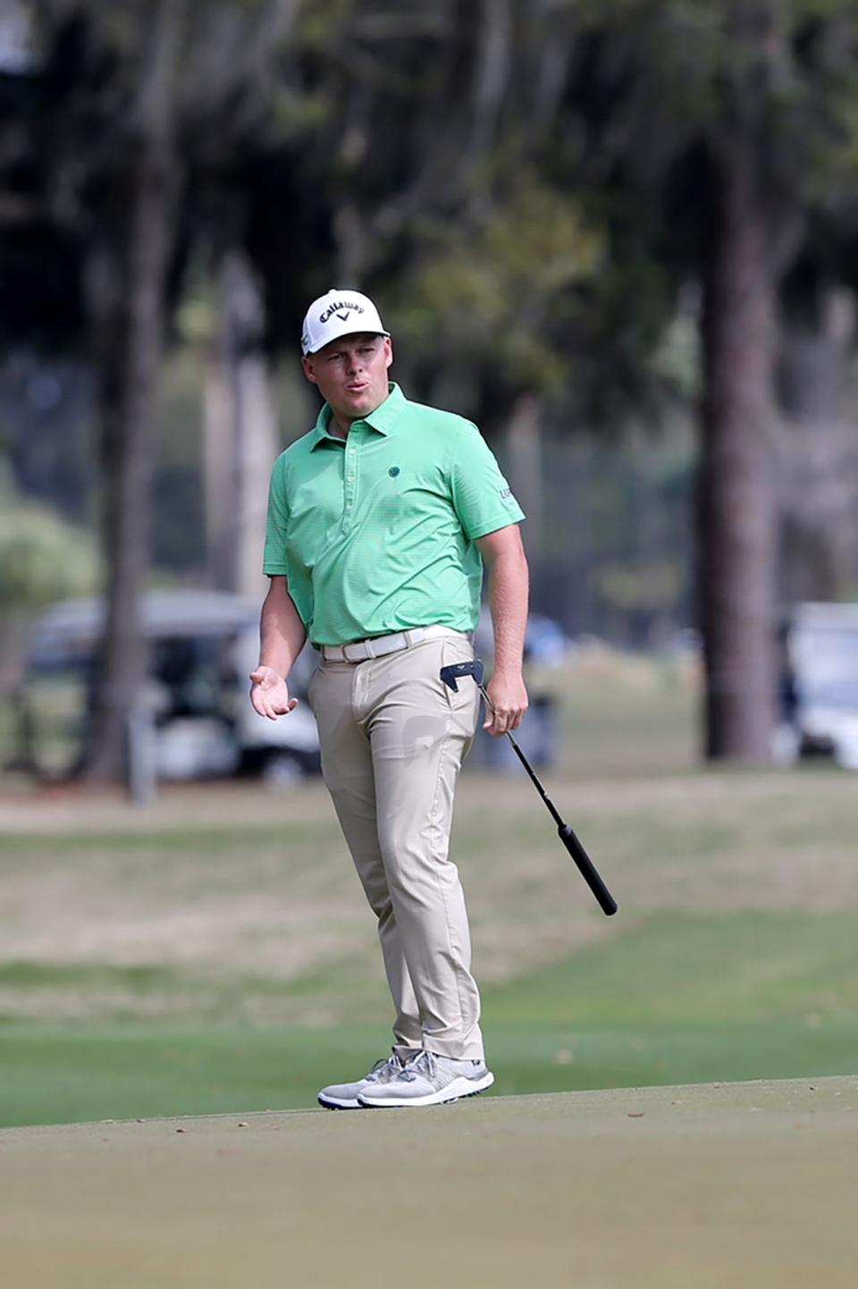 Shad Tuten reacts following his putt on the 2nd hole Thursday during the first round of the Korn Ferry Club Car Championship at The Landings Club.