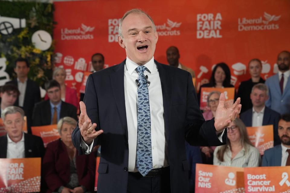 Liberal Democrat leader Ed Davey stressed his party has ‘put health and care at the heart’ of its manifesto, but the document also includes the aim to ‘fix the UK’s broken relationship with Europe’ (PA Wire)