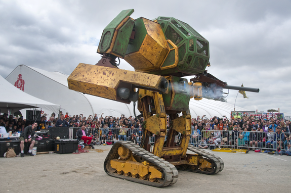 The MegaBot Mk. II debuted in May 2015 at Maker Faire San Mateo, where the robot destroyed a junk car with giant paintballs in front of packed audiences. The MegaBot was rated as the faire’s top attraction.