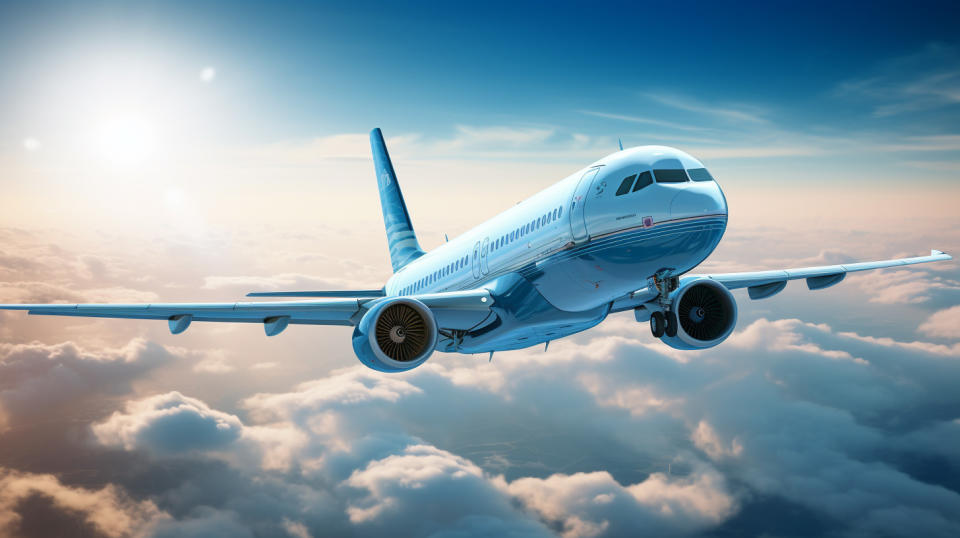 A close up shot of a commercial aircraft in flight with its expansive wingspan.