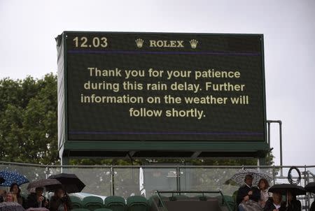Britain Tennis - Wimbledon - All England Lawn Tennis & Croquet Club, Wimbledon, England - 1/7/16 The scoreboard displays a message as rains stops play in the match between Australia's Nick Kyrgios and Germany's Dustin Brown REUTERS/Toby Melville
