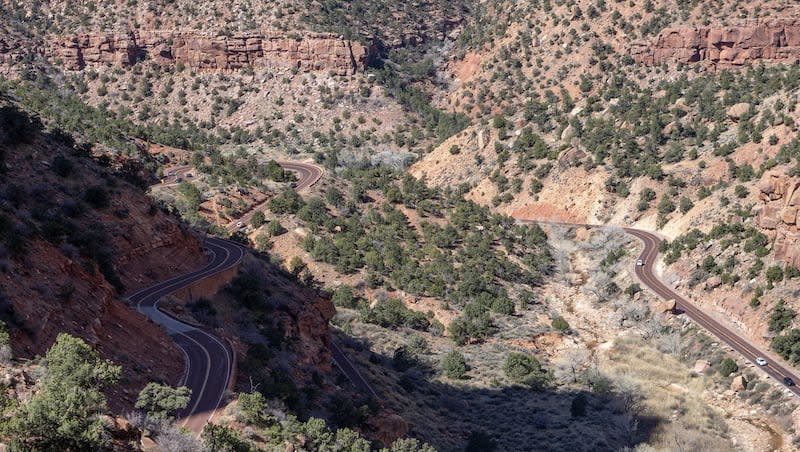 A view of the Zion-Mount Carmel Highway from the Canyon Overlook Trail in Zion National Park. Beginning in mid-2026, larger vehicles will be rerouted off the scenic highway amid traffic safety concerns.