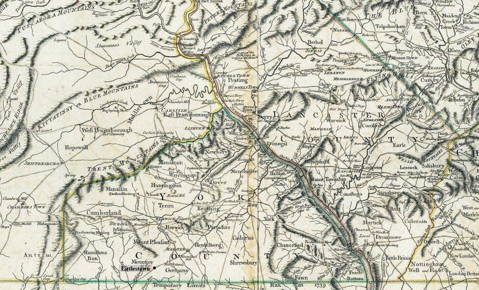 A map of York County in 1770 shows roads radiating from the village of York, including at least four roads leading south. The Susquehanna River, right, defines the county’s eastern boundary. South Mountain formed the western border, the range separating today’s Gettysburg and Chambersburg. Until 1800, the Mason-Dixon Line measured 65 miles, defining the county’s southern border.