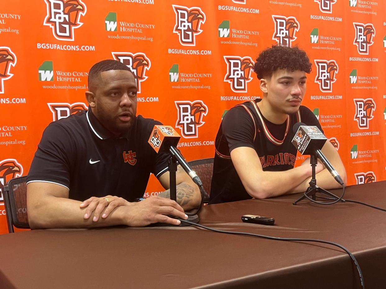 Worthington Christian coach Quintin Aden Jr. and senior Sam Johnson answer questions after Wednesday's loss in a Division III regional semifinal.