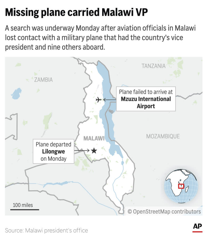 A plane carrying Malawi's vice president and nine others from Lilongwe to Mzuzu went missing Monday, prompting a search. (AP Digital Embed)