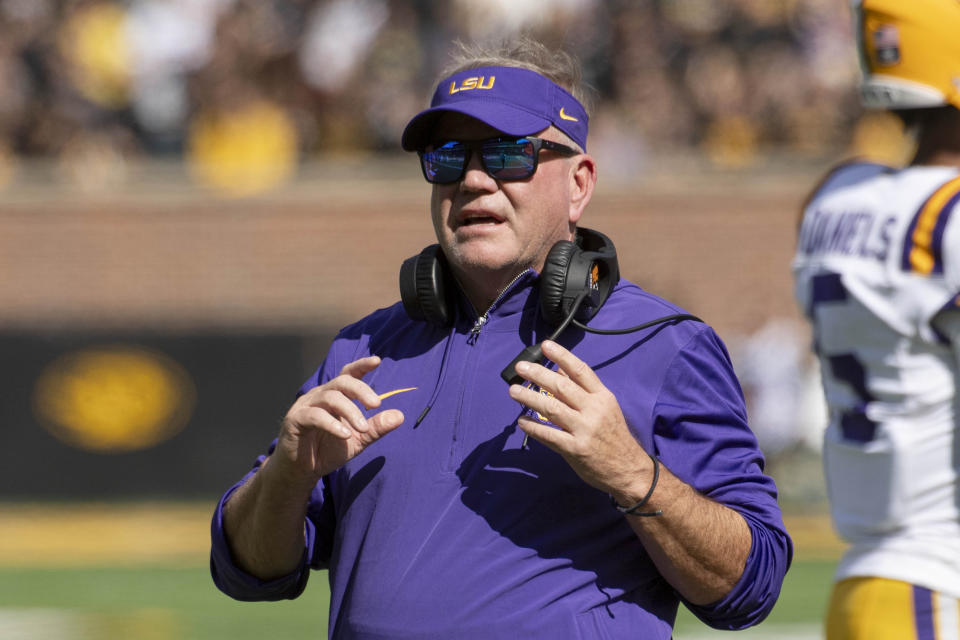 LSU head coach Brian Kelly argues a call during the second quarter of an NCAA college football game against Missouri, Saturday, Oct. 7, 2023, in Columbia, Mo. (AP Photo/L.G. Patterson)