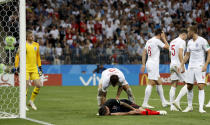 <p>Mario Mandzukic lies on the pitch after colliding with Pickford </p>