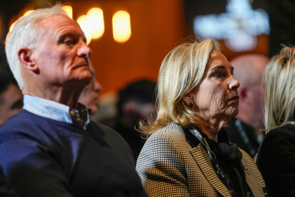 Dec 8, 2023; Columbus, OH, USA; Columbus Crew owners Jimmy and Dee Haslam listen as MLS Commissioner Don Garber gives the State of the League Address and answers media questions prior to the MLS Cup presented by Audi at Lower.com Field. Mandatory Credit: Adam Cairns-USA TODAY Sports