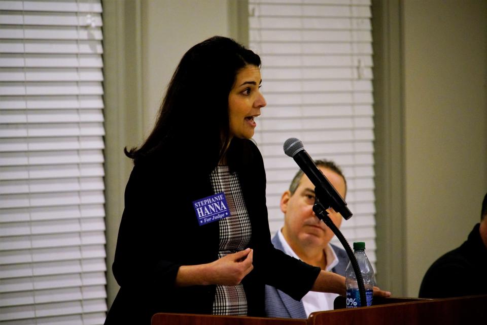 Stephanie Hanna is seen here on Jan. 25, 2024, imploring the Franklin County Democratic Party Executive Committee not to endorse her or her opponent, State Rep. Richard Brown, in the race for county Common Pleas Court Judge. Despite her plea, the committee endorsed Brown.