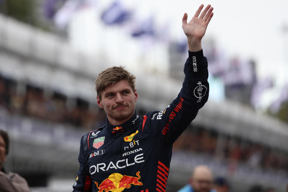 Red Bull driver Max Verstappen of Netherlands waves after qualifying fastest for the Australian Formula One Grand Prix at Albert Park in Melbourne, Saturday, April 1, 2023. (AP Photo/Asanka Brendon Ratnayake)