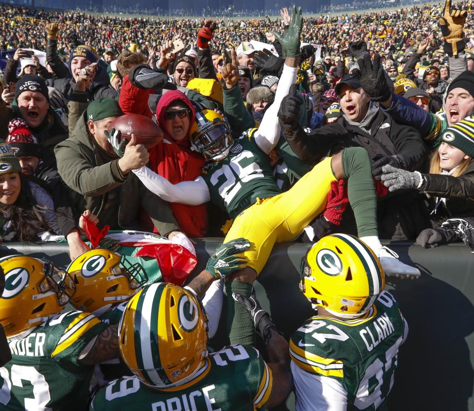 <p>Green Bay Packers’ Bashaud Breeland (26) celebrates his interception that he returned for a touchdown during the first half of an NFL football game against the Atlanta Falcons, Sunday, Dec. 9, 2018, in Green Bay, Wis. (AP Photo/Mike Roemer) </p>