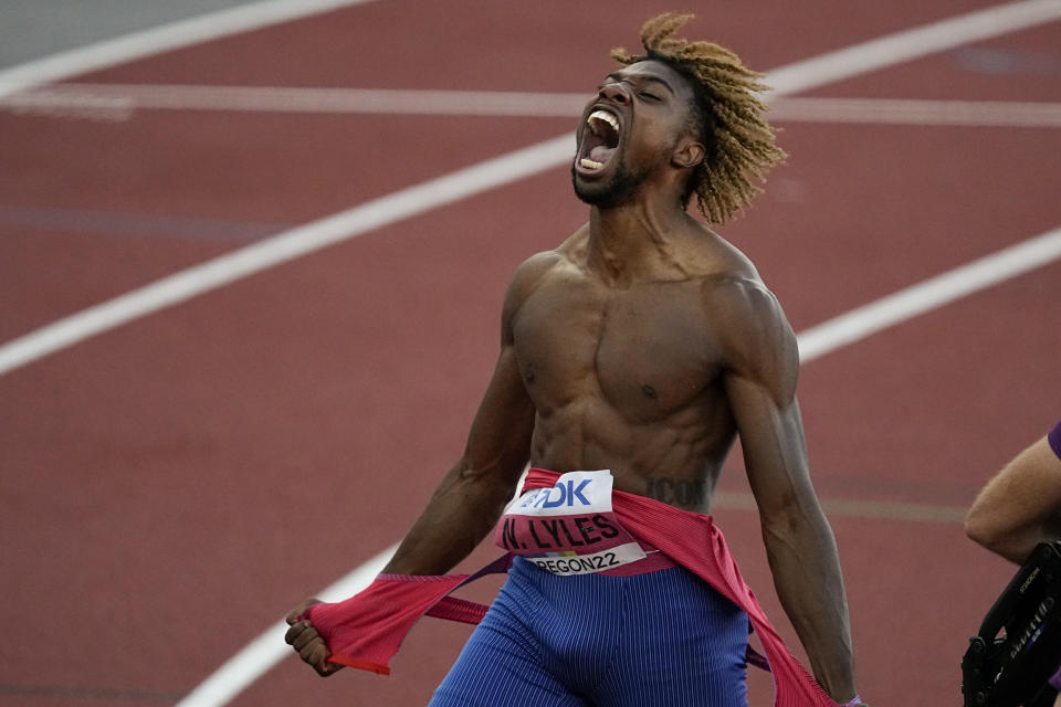 Noah Lyles, of the United States, celebrates after winning the men's 200-meter run final at the World Athletics Championships on Thursday, July 21, 2022, in Eugene, Ore. (AP Photo/Gregory Bull)