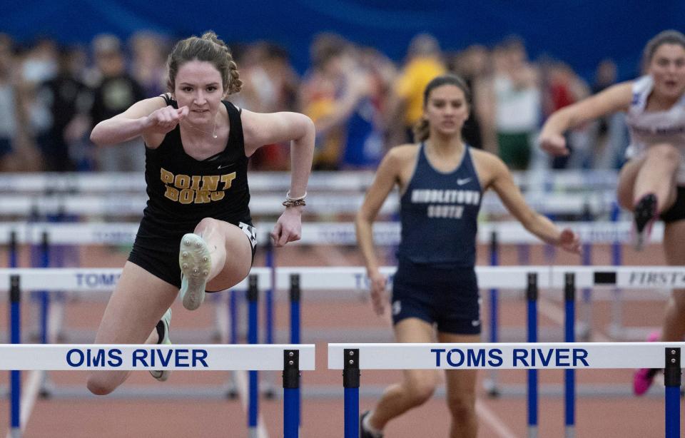 Point Pleasant Borough Shea Burke wins the 55 Hurdles - Shore Conference Indoor Track Championships in Toms River, NJ on January 26, 2023