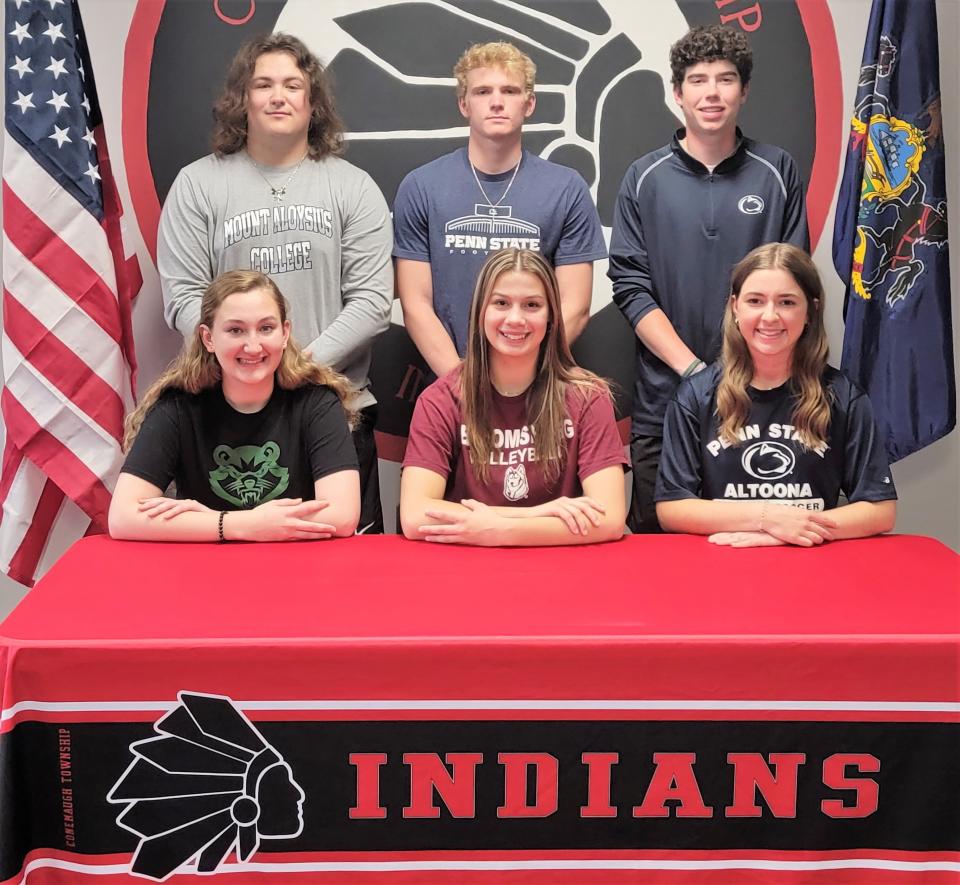 Six Conemaugh Township student-athletes announced their college commitments May 23, in Davidsville. Pictured are, front row, from left, Brook McDermott, Hannah Swank and Emilee Roman, back row, Tyler Weber, Ethan Black and Jack Ankeny.