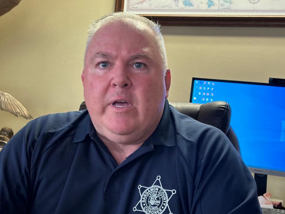 Sangamon County Coroner Jim Allmon, who is temporarily taking over as the county sheriff following the retirement of Sheriff Jack Campbell, answers a question on August 30, 2024. Allmon has been with the coroner's office for 21 years.