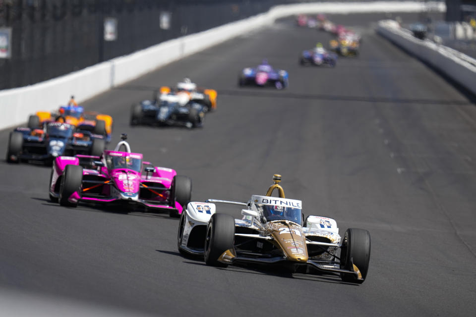 Rinus VeeKay, of The Netherlands, heads into the first turn during the final practice for the Indianapolis 500 auto race at Indianapolis Motor Speedway in Indianapolis, Friday, May 26, 2023. (AP Photo/Michael Conroy)