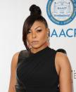 <p>"Fake it till you make it" even applies to bangs. <em>Empire</em> star Taraji P. Henson added a dramatic swoop to her tight topknot for extra volume. </p>