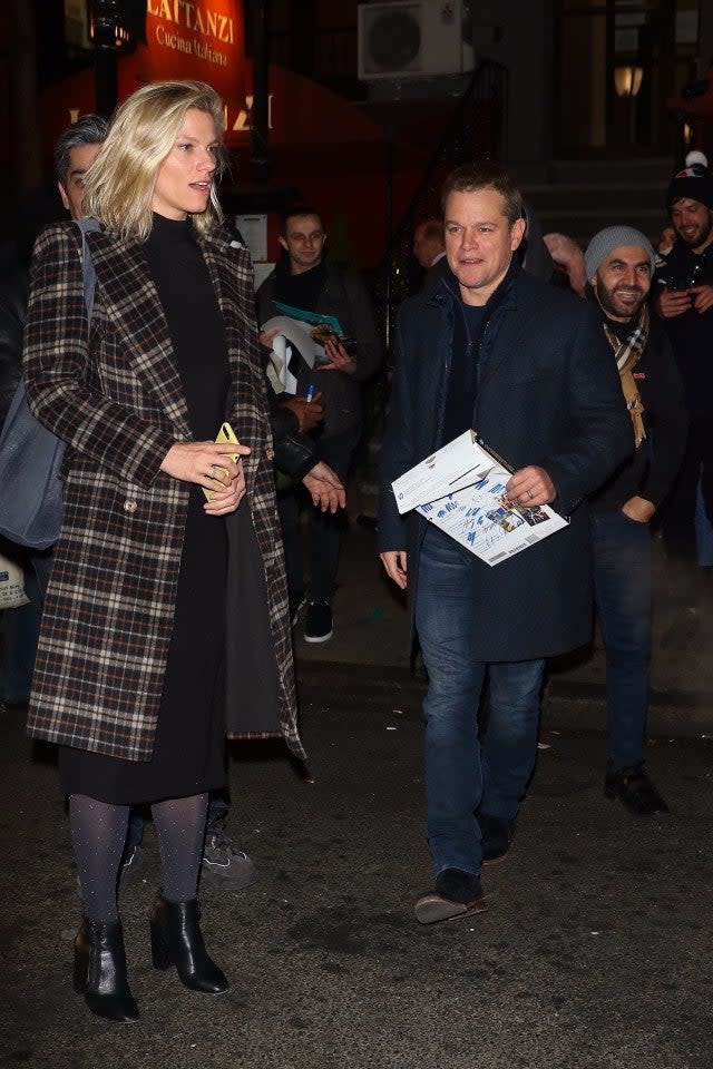 Matt Damon was spotted with Ben Affleck's ex, Saturday Night Live producer Lindsay Shookus, as they leave a SNL power dinner at Lattanzi Restaurant in New York. 