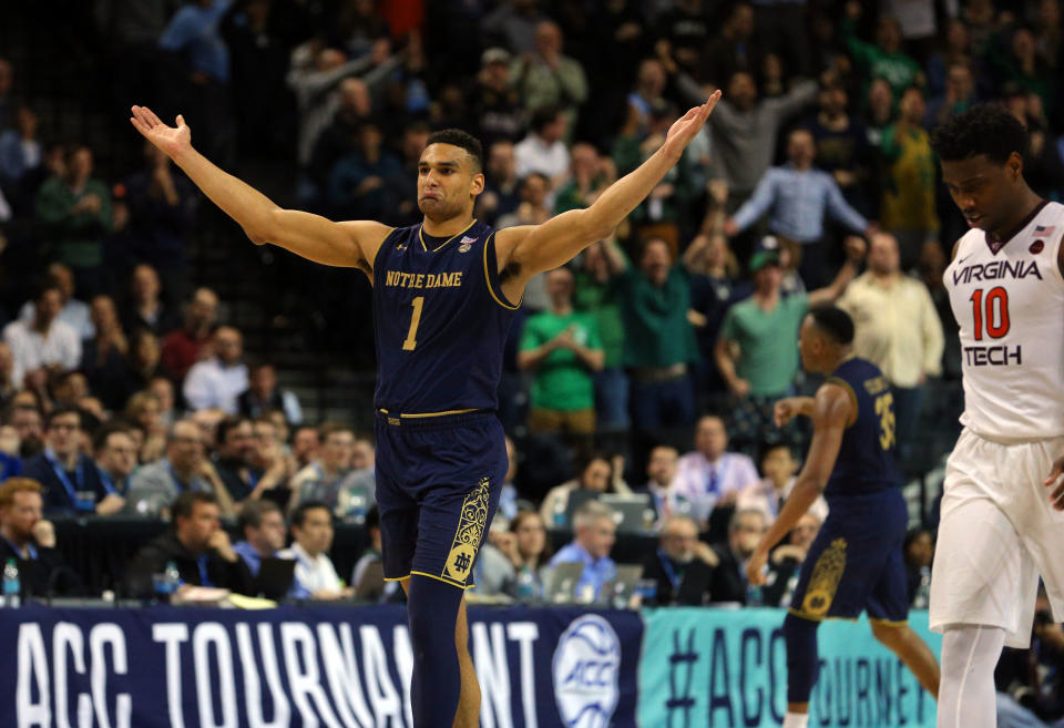 Mar 7, 2018; New York, NY, USA; Notre Dame Fighting Irish forward Austin Torres (1) reacts during the second half of a second round game of the 2018 ACC tournament against the Virginia Tech Hokies at Barclays Center. Brad Penner-USA TODAY Sports